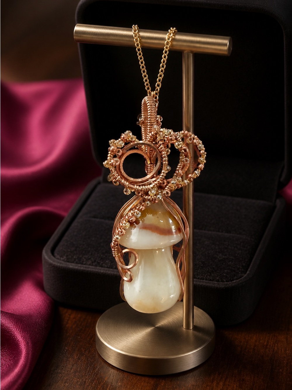 Copper wrapped Agate Mushroom Pendant Necklace - Handmade Women's Jewelry